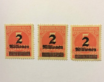 SALE Three (3) Deutsches Reich Hyperinflation Stamps; 2Mill over 5T Mark; circa 1923; Mint, NH, OG; Vm2 Watermark; Authentic, 102 years old!