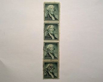 George Washington 1c Stamps; Four In-Line; Liberty Issue 1954; Two Cancellations; Superb Centering; VFU NH NG; Scott 1031; Antique Stamps