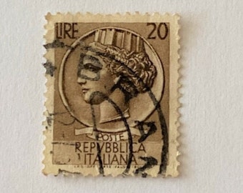 VT Italy 20 Lira Stamp, Cancelled, Issued 1953, Rare Serie Siracusana; Free Domestic Shipping