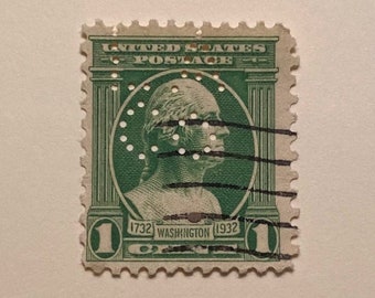 President George Washington 1c Green Stamp (face right); 1932 Bicentennial; Light Cancel, Perfin “LA Co”; VFU, NH; Free Domestic Shipping