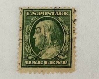 Benjamin Franklin, a Founding Father of U.S.; One Cent Stamp; Issued 1909; Scott #357; Good Margins; Lightly Cancelled; Greenish Blue Paper