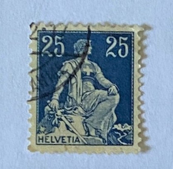 Switzerland HELVETIA 25c Stamp; 1908, 318 Mil; Ultramarine, Light