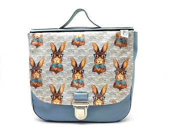 Sac à dos maternelle garçon en cuir synthétique bleu tendre à motifs lapins hipster