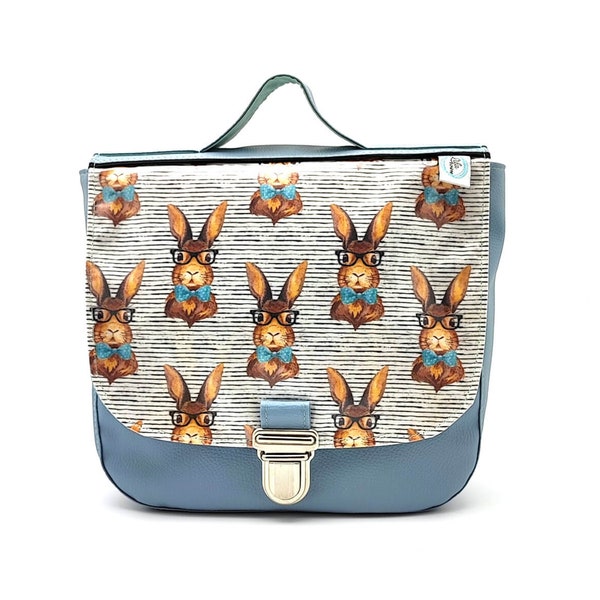 Sac à dos maternelle garçon en cuir synthétique bleu tendre à motifs lapins hipster