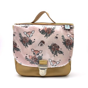 Sac à dos maternelle fille en cuir synthétique doré à motifs Biches et fleurs image 1