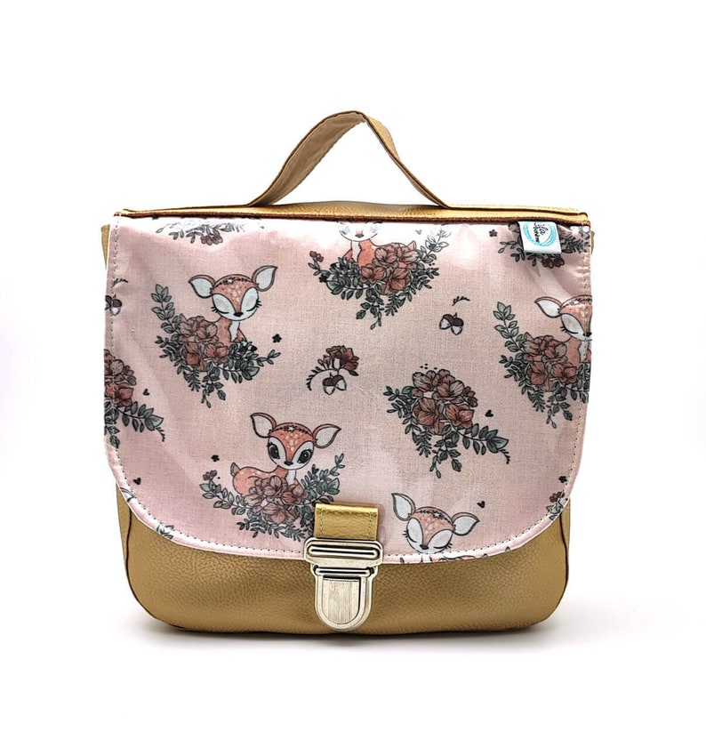 Sac à dos maternelle fille en cuir synthétique doré à motifs Biches et fleurs image 1