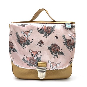 Sac à dos maternelle fille en cuir synthétique doré à motifs Biches et fleurs image 2