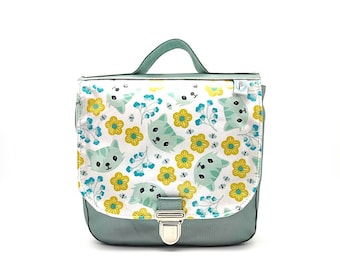Kindergarten girl backpack in iridescent celadon blue synthetic leather with cat and flower patterns
