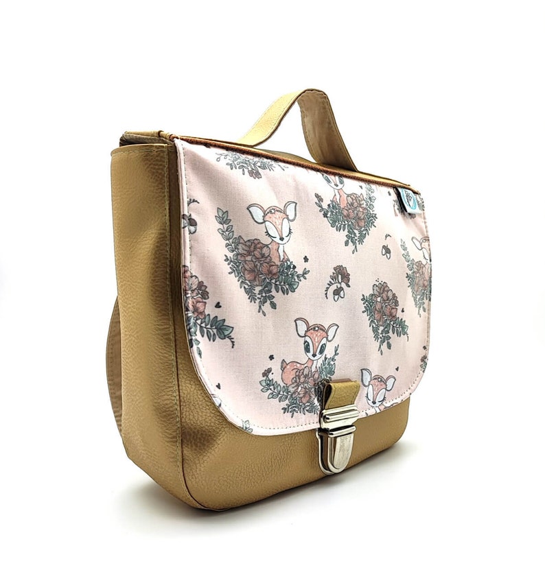 Sac à dos maternelle fille en cuir synthétique doré à motifs Biches et fleurs image 5