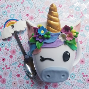 unicorn mug, decorated mug with polymer clay, ceramic mug handmade, unicorn rainbow, gift for girl, gift for women, ceramic mug