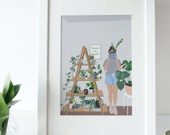 Plant Lady Print, Plant Lovers Gift, House Plant Print, Botanical Illustration, Plant Lady Art Print, Potted Plants Art, Art print, handmade