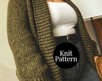 KNITTING PATTERN, Basic B Cardigan Pattern, Knit Sweater, Super Bulky Weight Cardigan, Grandpa Cardigan