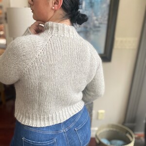 May include: A light gray knitted sweater with a mock neck and long sleeves. The sweater is cropped and has a ribbed texture.