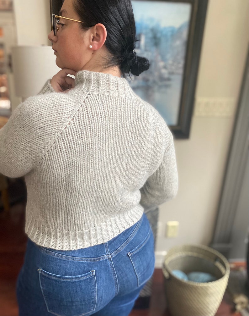 May include: A light gray knitted sweater with a mock neck and long sleeves. The sweater is cropped and has a ribbed texture.