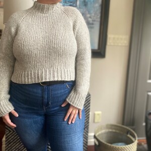 May include: A light gray cropped sweater with a mock neck and long sleeves. The sweater is made of a soft, textured yarn and has a relaxed fit.