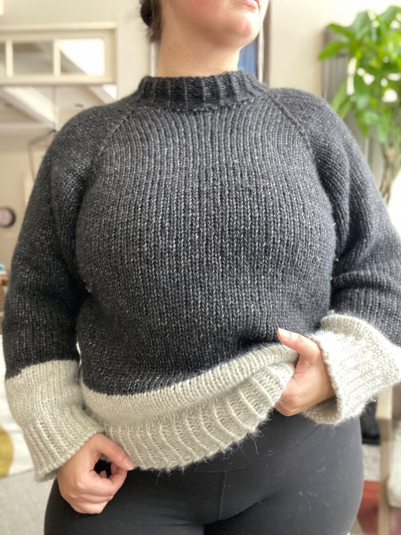 May include: A black and white knit sweater with a mock neck and long sleeves. The sleeves have a white cuff.
