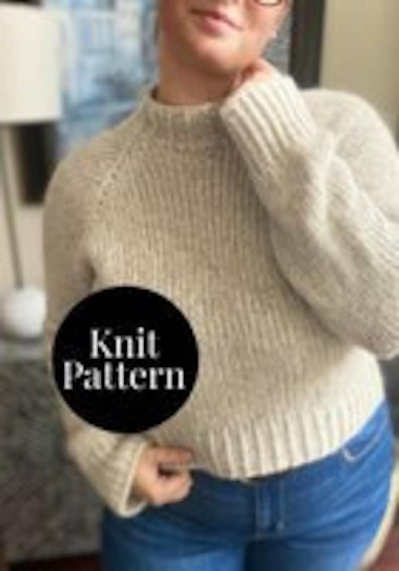 May include: Knit pattern for a beige sweater with a mock neck and long sleeves.