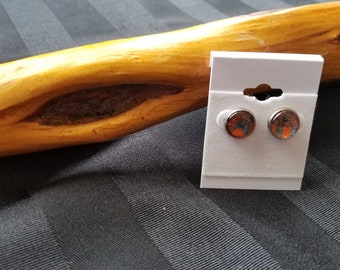 Unique, One-of-a-kind Stud Earrings. 10mm (0.4”).  Stainless Steel. Hypoallergenic. Wearable art.  Original. Copper. Blue