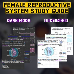 May include: A study guide on the female reproductive system, with the title in yellow and black. The guide includes diagrams of the uterus and breast cancer information, with a dark mode and light mode option.