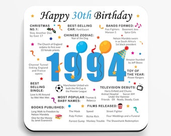 30th Birthday Coaster - Born in 1994 Facts - Unique 30th Birthday Gift - Factual 30th Birthday Gift - 30th Keepsake - Milestone Birthday