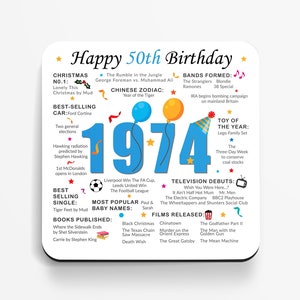 50th Birthday Coaster - Born in 1974 Facts - Unique 50th Birthday Gift - Factual 50th Birthday Gift - 50th Keepsake - Milestone Birthday