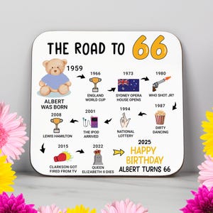 Personalised 66th Birthday Gift - Born in 1959 - The Road to 2025 - Coaster - Funny 66th Birthday Gift - 66th Keepsake - Milestone Birthday