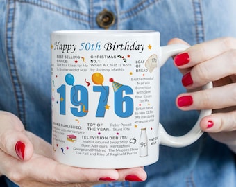 50th Birthday Mug – Born in 1976 Facts – 50 in 2026 – Back in 1976 – Unique 50th Gift – Keepsake Mug for Him, Her, Friend, Son, Daughter