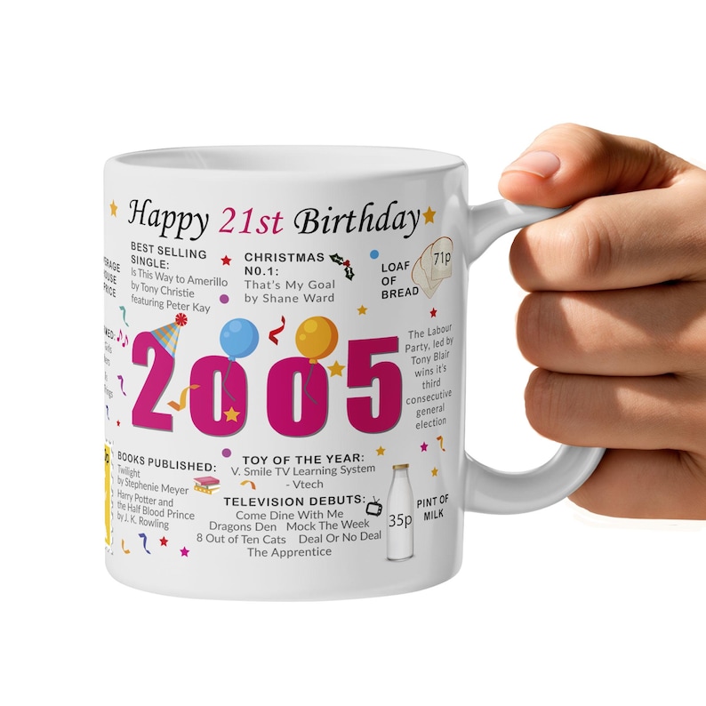 21st Birthday Mug – Born in 2005 Facts – 21 in 2026 – Back in 2005 – Unique 21st Gift – Keepsake Mug for Him, Her, Friend, Son, Daughter Pink