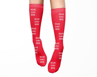 May include: Red knee-high socks with a white repeated pattern that says "Your Logo Here"