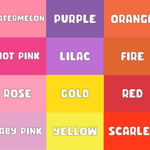 K&ouml;nnte beinhalten: Eine Farbkarte mit 20 verschiedenen Farbfeldern, die jeweils mit einem Farbnamen beschriftet sind. Die Farben umfassen K&ouml;nigsblau, Wassermelone, Lila, Orange, Gr&uuml;n, Capriblau, Pink, Flieder, Feuer, Minze, Himmelblau, Rose, Gold, Rot, Grau, Babyblau, Babyrosa, Gelb, Scharlachrot und Feuerstein.