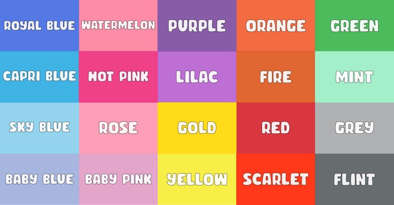 K&ouml;nnte beinhalten: Eine Farbkarte mit 20 verschiedenen Farbfeldern, die jeweils mit einem Farbnamen beschriftet sind. Die Farben umfassen K&ouml;nigsblau, Wassermelone, Lila, Orange, Gr&uuml;n, Capriblau, Pink, Flieder, Feuer, Minze, Himmelblau, Rose, Gold, Rot, Grau, Babyblau, Babyrosa, Gelb, Scharlachrot und Feuerstein.