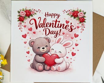 Happy Valentine’s Day Card - Cute Valentine’s Card for Him or Her, Sweet Love Card - Bear and Bunny Holding Heart - Girlfriend, Boyfriend