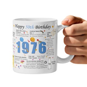 50th Birthday Mug – Born in 1976 Facts – 50 in 2026 – Back in 1976 – Unique 50th Gift – Keepsake Mug for Him, Her, Friend, Son, Daughter Blue