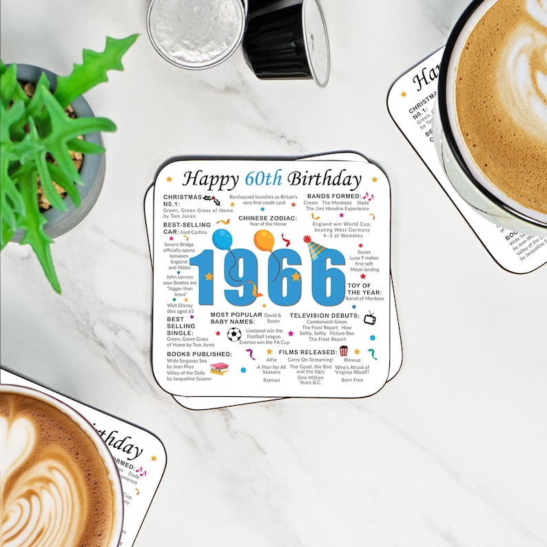 60th Birthday Coaster - Born in 1966 Facts - 60 in 2026 Gift - Unique 60th Birthday Gift - UK - 60th Keepsake - Nostalgic Milestone Birthday image 7