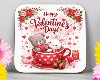 Happy Valentine’s Day Coaster – Cute Valentines Gift for Wife or Husband – Romantic Love Coaster – Anniversary Gift – Couples Keepsake