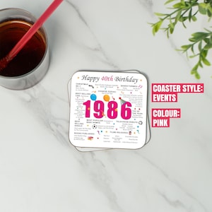 Posavasos para 40 cumpleaños - Datos sobre los nacidos en 1986 - Regalo para los que cumplieron 40 años en 2026 - Regalo único para 40 cumpleaños - Reino Unido - Recuerdo de 40 años - Cumpleaños nostálgico imagen 3
