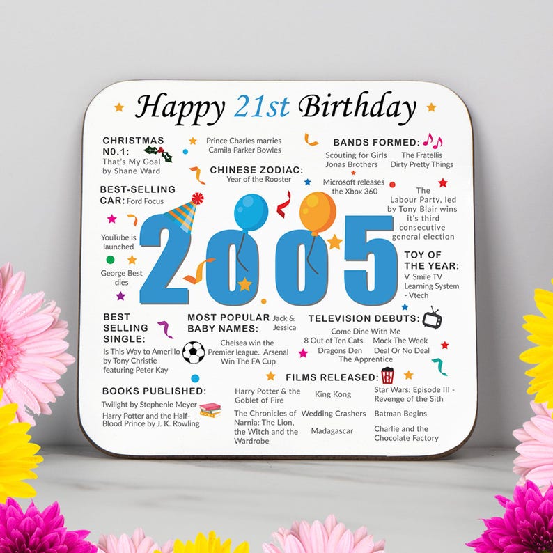 21st Birthday Coaster - Born in 2005 Facts - 21 in 2026 Gift - Unique 21st Birthday Gift - UK - 21st Keepsake - Nostalgic Milestone Birthday image 1