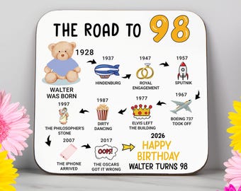 Personalised 98th Birthday Gift - Born in 1928 - The Road to 2026 - Coaster - Funny 98th Birthday Gift - 98th Keepsake - Milestone Birthday