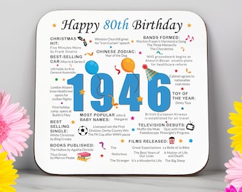 80th Birthday Coaster - Born in 1946 Facts - 80 in 2026 Gift - Unique 80th Birthday Gift - UK - 80th Keepsake - Nostalgic Milestone Birthday