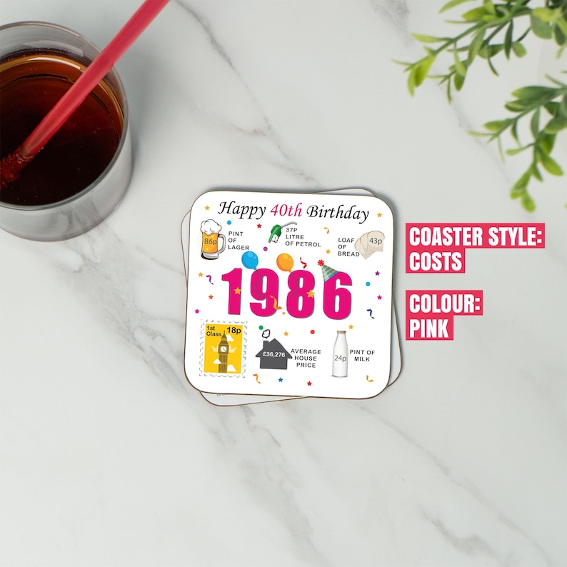 Posavasos para 40 cumpleaños - Datos sobre los nacidos en 1986 - Regalo para los que cumplieron 40 años en 2026 - Regalo único para 40 cumpleaños - Reino Unido - Recuerdo de 40 años - Cumpleaños nostálgico imagen 5