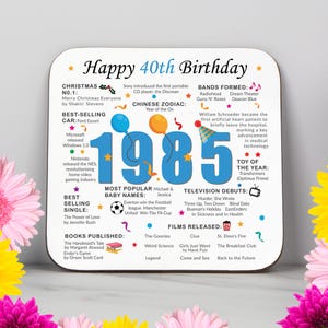 40th Birthday Coaster - Born in 1985 Facts - Unique 40th Birthday Gift - Factual 40th Birthday Gift - 40th Keepsake - Milestone Birthday