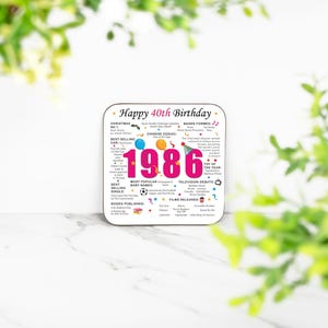 Posavasos para 40 cumpleaños - Datos sobre los nacidos en 1986 - Regalo para los que cumplieron 40 años en 2026 - Regalo único para 40 cumpleaños - Reino Unido - Recuerdo de 40 años - Cumpleaños nostálgico imagen 7
