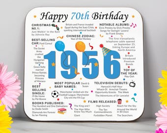 70th Birthday Coaster - Born in 1956 Facts - 70 in 2026 Gift - Unique 70th Birthday Gift - UK - 70th Keepsake - Nostalgic Milestone Birthday