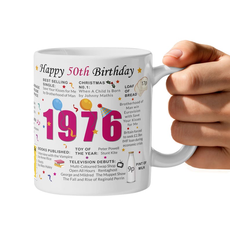 50th Birthday Mug – Born in 1976 Facts – 50 in 2026 – Back in 1976 – Unique 50th Gift – Keepsake Mug for Him, Her, Friend, Son, Daughter Pink