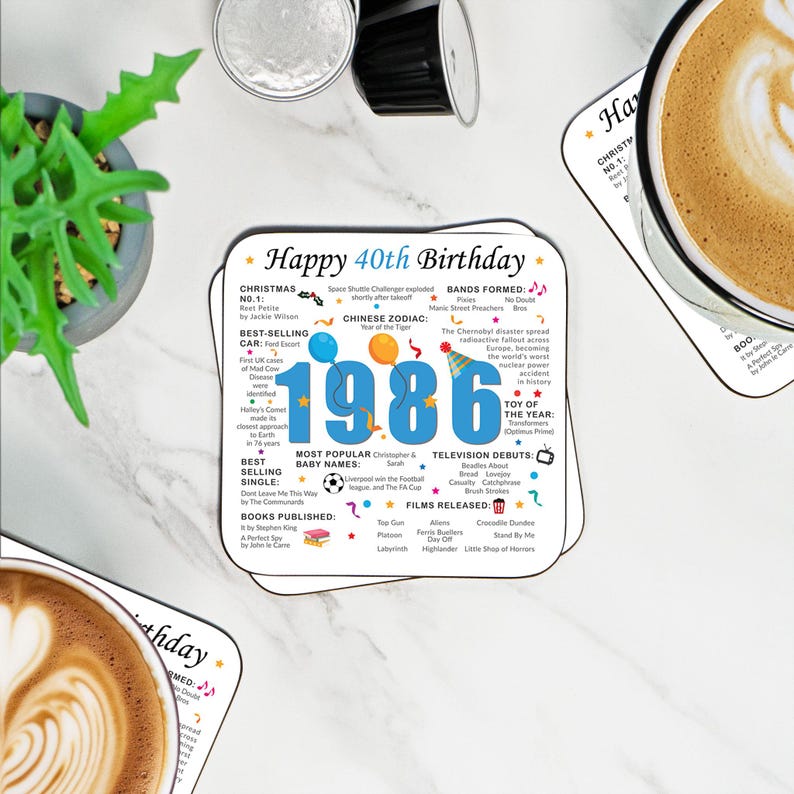 Posavasos para 40 cumpleaños - Datos sobre los nacidos en 1986 - Regalo para los que cumplieron 40 años en 2026 - Regalo único para 40 cumpleaños - Reino Unido - Recuerdo de 40 años - Cumpleaños nostálgico imagen 6