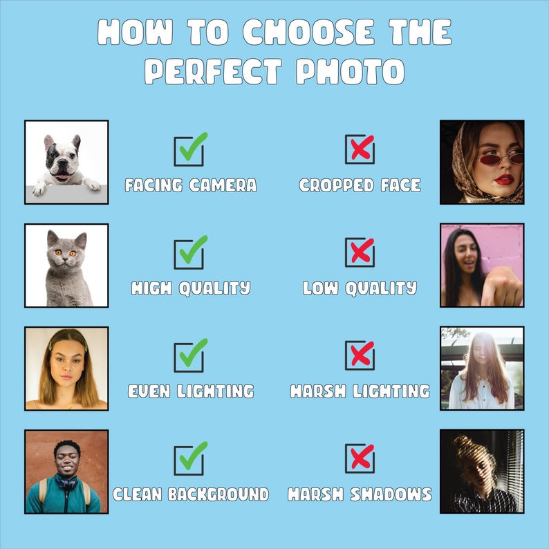 K&ouml;nnte beinhalten: Eine Grafik mit blauem Hintergrund und wei&szlig;em Text, die erkl&auml;rt, wie man das perfekte Foto ausw&auml;hlt. Die Grafik zeigt vier Reihen von Bildern mit einem H&auml;kchen oder einem Kreuz neben jedem Bild. Das H&auml;kchen kennzeichnet ein gutes Foto und das Kreuz ein schlechtes Foto. Die Kriterien f&uuml;r ein gutes Foto sind: Blickrichtung zur Kamera, hohe Qualit&auml;t, gleichm&auml;&szlig;iges Licht und ein sauberer Hintergrund. Die Kriterien f&uuml;r ein schlechtes Foto sind: Beschnittener Kopf, schlechte Qualit&auml;t, hartes Licht und harte Schatten.