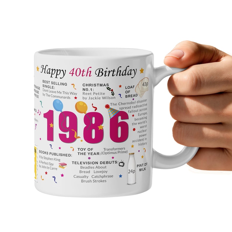 40th Birthday Mug – Born in 1986 Facts – 40 in 2026 – Back in 1986 – Unique 40th Gift – Keepsake Mug for Him, Her, Friend, Son, Daughter Pink