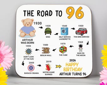 Personalised 96th Birthday Gift – Born in 1930 – The Road to 2026 – Coaster – Funny 96th Birthday Gift – 96th Keepsake – Milestone Birthday