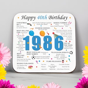 Posavasos para 40 cumpleaños - Datos sobre los nacidos en 1986 - Regalo para los que cumplieron 40 años en 2026 - Regalo único para 40 cumpleaños - Reino Unido - Recuerdo de 40 años - Cumpleaños nostálgico imagen 1