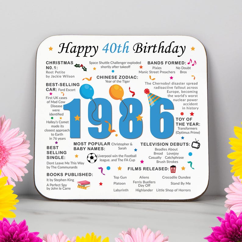 Posavasos para 40 cumpleaños - Datos sobre los nacidos en 1986 - Regalo para los que cumplieron 40 años en 2026 - Regalo único para 40 cumpleaños - Reino Unido - Recuerdo de 40 años - Cumpleaños nostálgico imagen 1